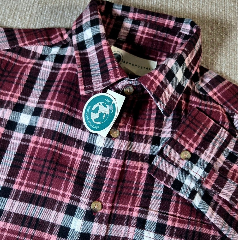 Aeropostale Mens XS Plaid‎ Flannel Button Down Shirt Burgundy Pink NWT